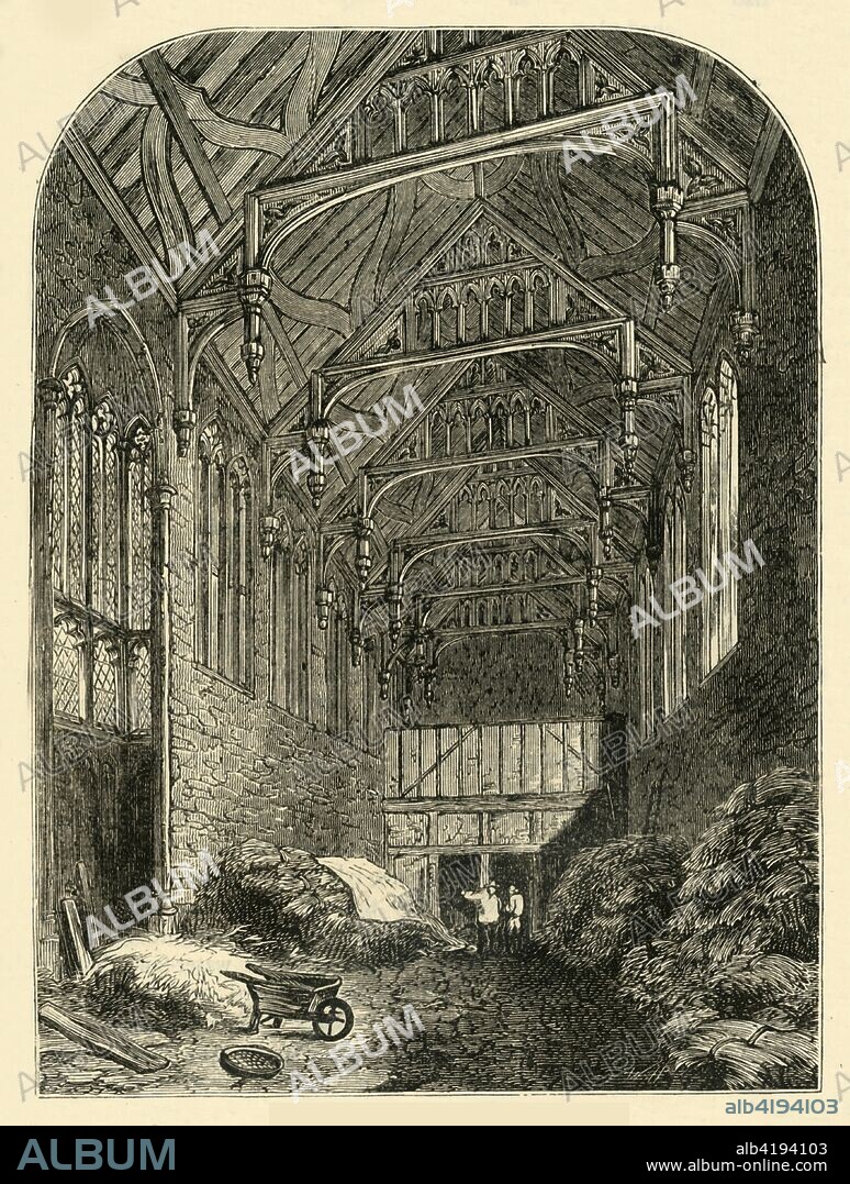 'Hall of Eltham Palace in 1835', (c1878). Eltham Palace (now in Greater London), was founded as a medieval royal palace, but fell into disrepair until the ruins were converted into a private house for the Courtauld family in the 1930s. The Great Hall, seen here being used as a barn, was built in the 15th century during the reign of Edward IV. From Old and New London: A Narrative of Its History, Its People, And Its Places. The Southern Suburbs, Volume VI, by Edward Walford. [Cassell, Petter, Galpin & Co., London, Paris & New York, c1878].