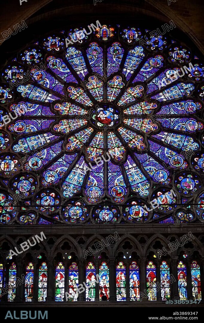 Gothic Rayonnant stained glass rose window, Cathedral Basilica of Saint Denis, Basilique Saint-Denis, Paris, Ile-de-France, France