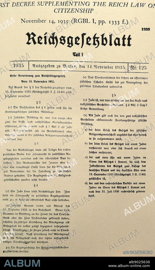 Nazi Era, German First Law of Citizenship, November 1935. The Nuremberg Laws (Nürnberger Gesetze) were anti-Semitic laws in Nazi Germany. They were introduced on 15 September 1935 by the Reichstag at a special meeting convened at the annual Nuremberg Rally of the Nazi Party (NSDAP). The two laws were the Law for the Protection of German Blood and German Honour, which forbade marriages and extramarital intercourse between Jews and Germans.