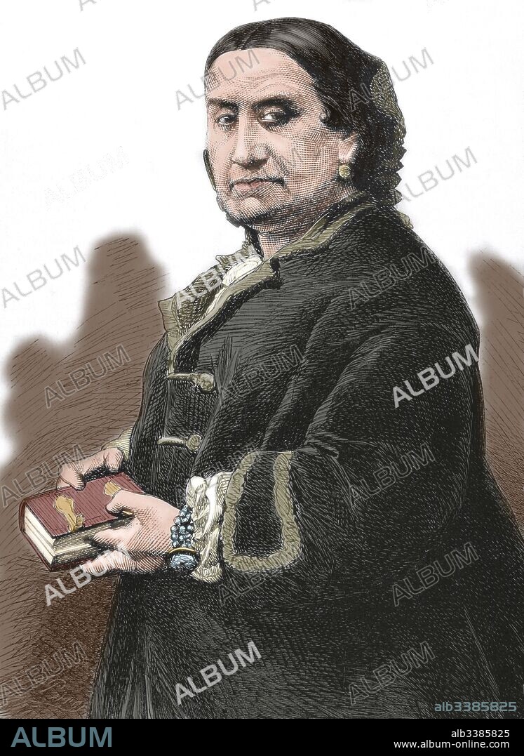 Juana de Vega, countess of Espoz y Mina, (1805-1872). Liberal activist and writer. Portrait. Engraving by Paris. "La Ilustracion Espanola y Americana", 1872. Colored.