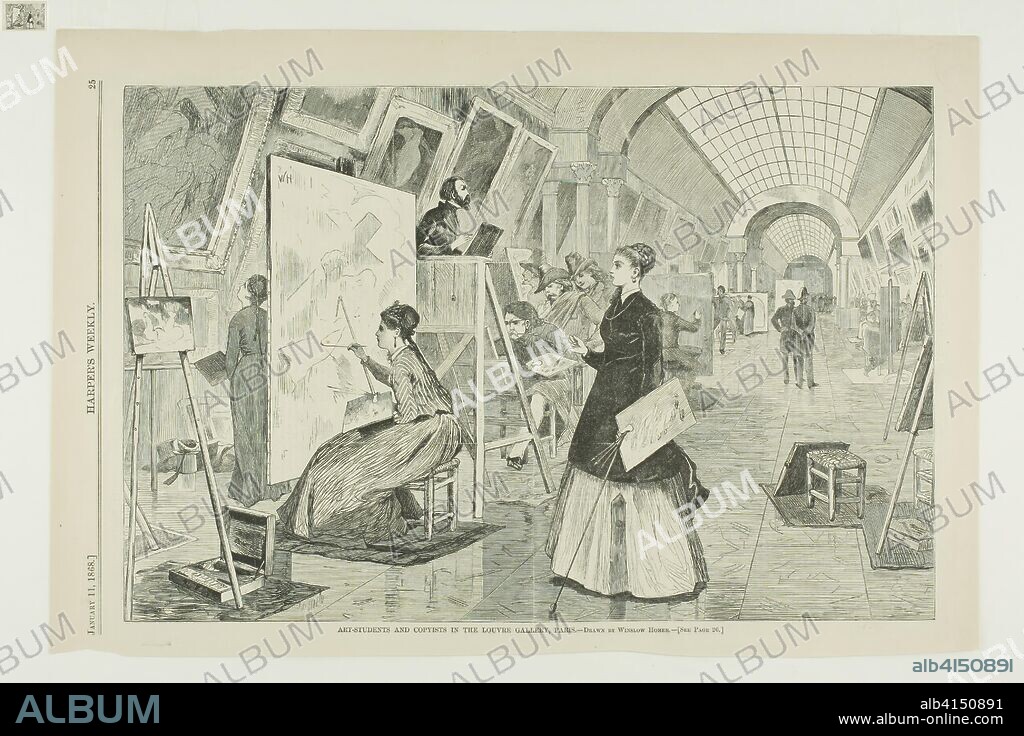 Art Students and Copyists in the Louvre Gallery, Paris. Winslow Homer (American, 1836-1910); published by Harper's Weekly (American, 1857-1916). Date: 1868. Dimensions: 230 x 349 mm (image); 269 x 400 mm (sheet). Wood engraving on buff wove paper. Origin: United States.