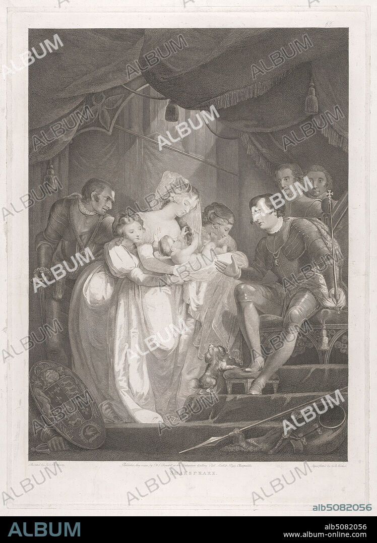 King Henry VI, Part III: Act V, Scene VII (Queen Bess Presenting King Edward . with Their Infant Son), Print made by Jean B. Michel, active 1803, after James Northcote, 17461831, British, 1791, Etching and line engraving on medium, slightly textured, cream laid paper, Sheet: 29 1/2 × 19 3/4 inches (74.9 × 50.2 cm), Plate: 22 3/4 × 16 1/4 inches (57.8 × 41.3 cm), and Image: 20 × 14 3/4 inches (50.8 × 37.5 cm), armor, baby, coat of arms, dog (animal), footstool, Henry VI, part III by William Shakespeare, literary theme, palace, scepter, spear.