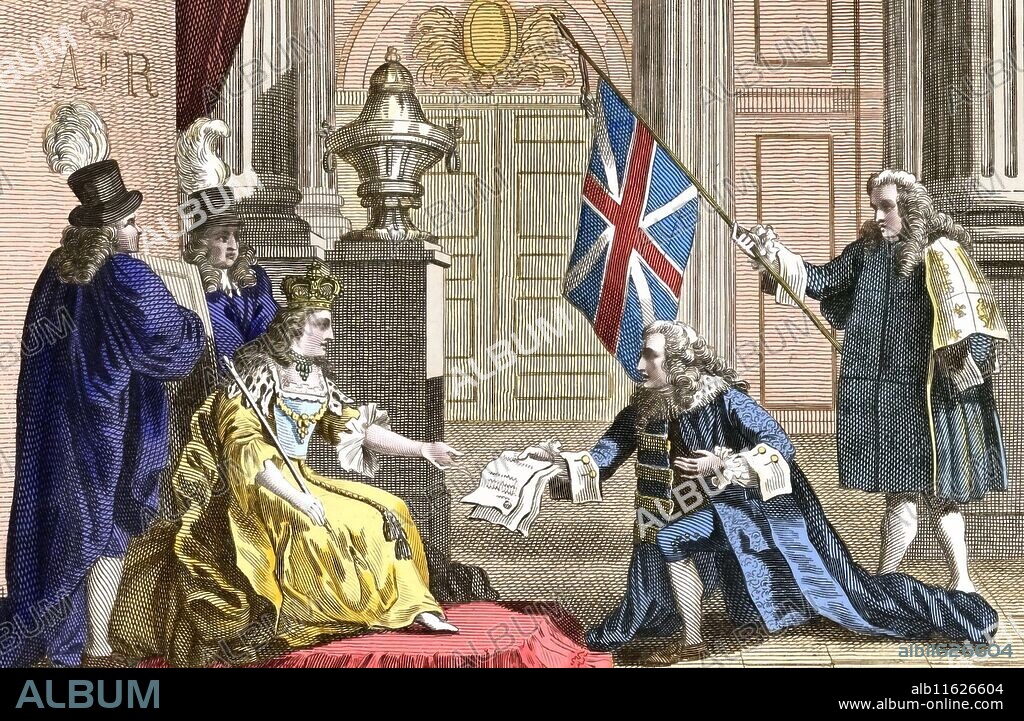 James Douglas, segundo duque de Queensberry y primer duque de Dover, presenta el Acta de Unión a la reina Ana en 1707.