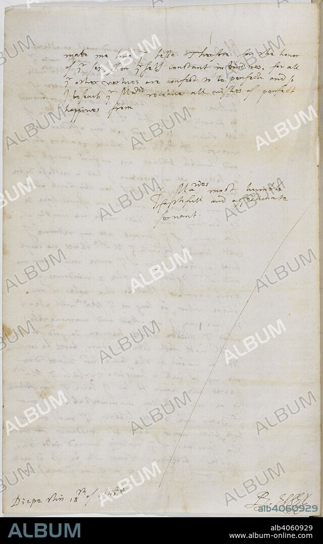 Letter from Robert Devereux, 2nd Earl of Essex to Queen Elizabeth Ist., 18 October 1591. . ROBERT DEVEREUX, 2ND EARL OF ESSEX: forty-three letters addressed to Queen Elizabeth I; 7 Oct. [1590]- circa Jan. or Feb. 1601, n.d. Partly (f. 12) imperfect . Although some of the letters are undated, all but the first were written between the time of Essex's expedition to France in 1591 and his rebellion of early 1601. 18 October 1591. Source: Add. 74286 f.33v.