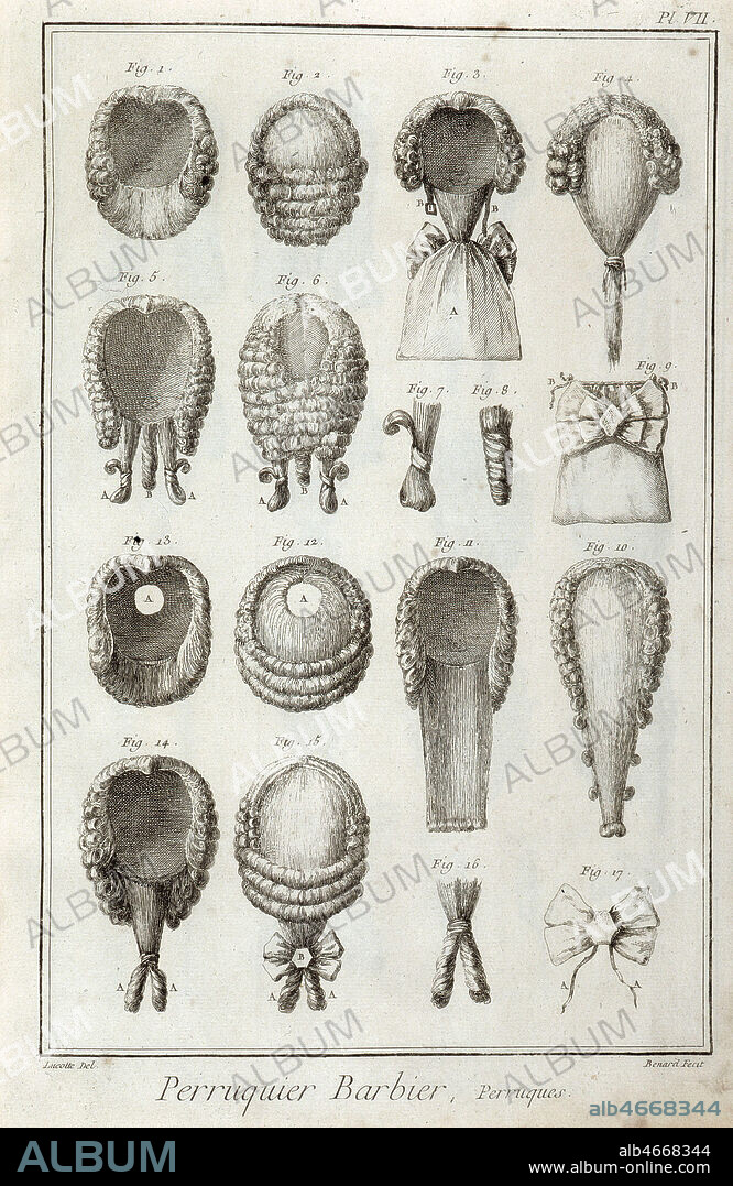Perruques au 18eme siecle. Illustration de LUCOTTE pour l'Encyclopedie de DIDEROT (1713-1784) et D'ALEMBERT (1717-1783), publie en 1763. Credit : Collection Vav/KHARBINE-TAPABOR.