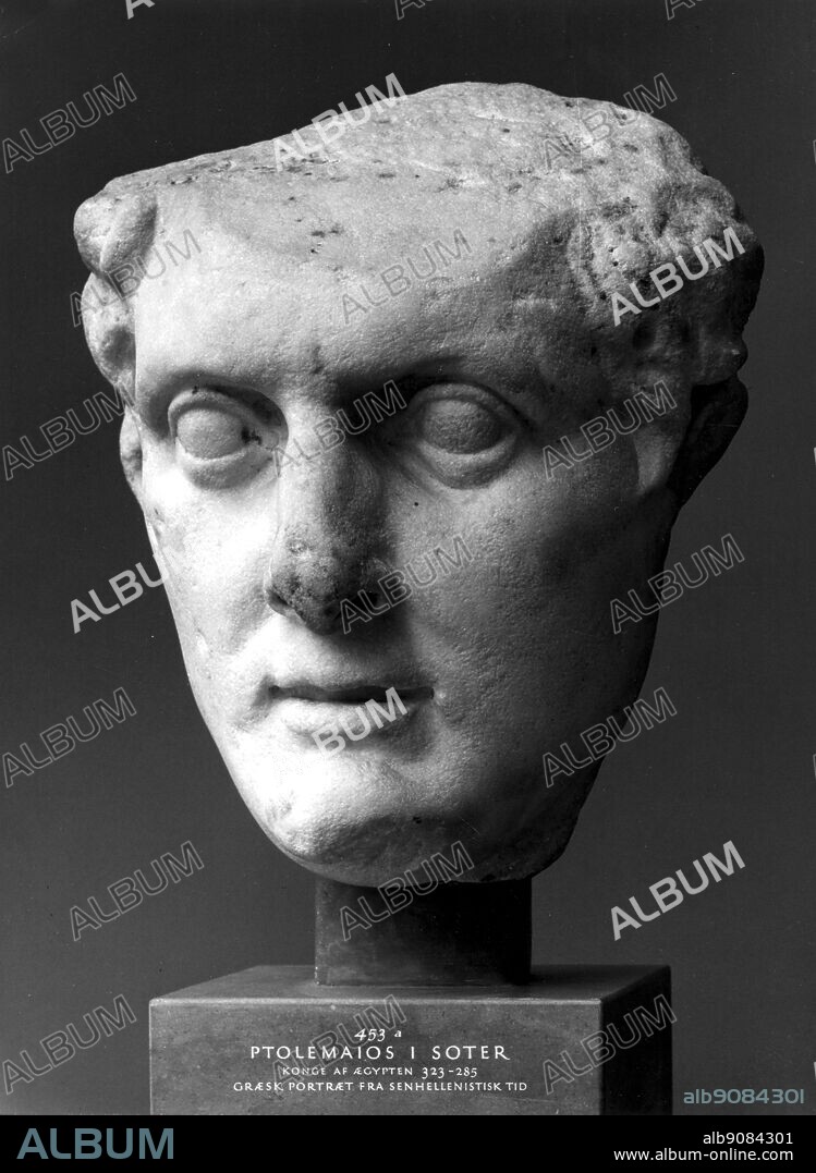 Ptolemy. Marble head of Ptolemy I Soter, 304-282 BC, said to be from El-Faiyum; 9.75 inches in height.