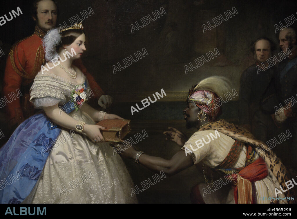 THOMAS JONES BARKER (1815-1882). ENGLISH PAINTER.. Queen Victoria (1819-1901). Queen of United Kingdom. "The Secret of England's Greatness" (Queen Victoria presenting a Bible in the Audience Chamber at Windsor). The Queen is depicted presenting a Bible to the East African ambassador. Painting by Thomas Jones Barker (1815-1882). Oil on canvas (167,6 x 213,8 cm), ca.1862-1863. Detail. National Portrait Gallery. London, England, United Kingdom.