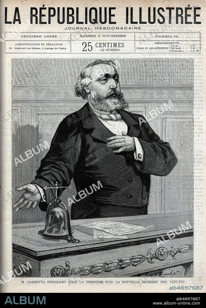 M. Leon GAMBATTA (1838-1882) presidant pour la derniere fois la nouvelle chambre des deputes. Illustration de Alexandre FERNANDINUS (mort en 1888) pour La Republique illustree du 5 novembre 1881. Credit : Collection Kharbine-Tapabor.