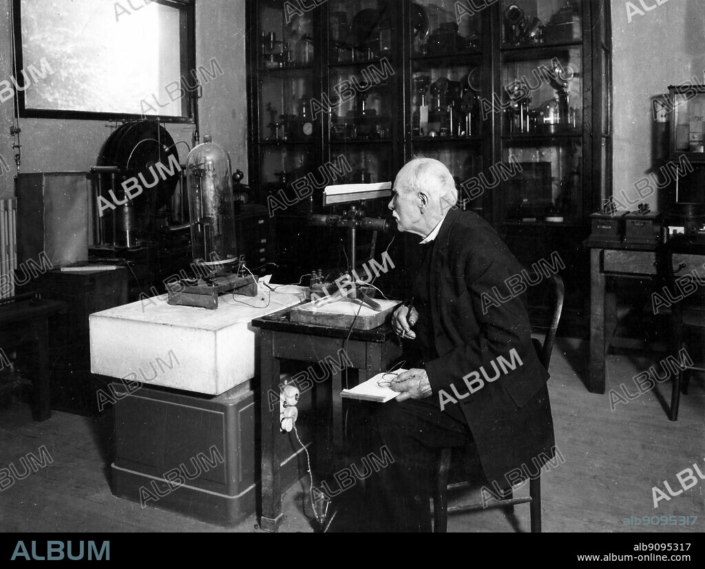 Edouard Eugene Desire Branly in 1938 (1844-1940). French physicist and inventor who in 1890 demonstrated the possiblity if detecting radio waves. The apparatus he devised was later used in the invention of wireless telegraphy and radio.