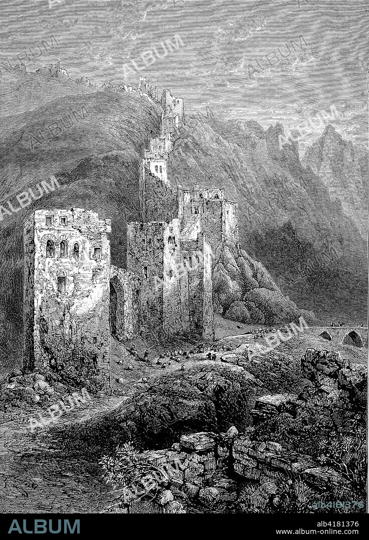 the walls of Antioch on the Orontes, an ancient Greco-Roman city, eastern side of the Orontes River. Its ruins lie near the modern city of Antakya, Turkey, historical image or illustration from the year 1894, digital improved.