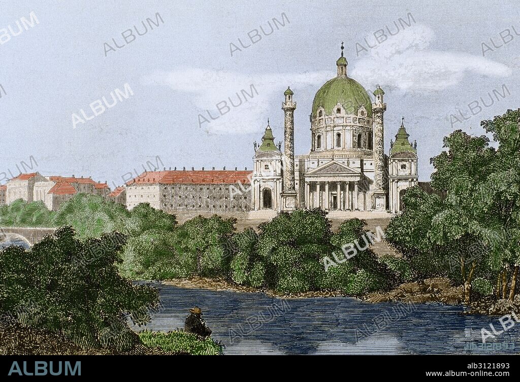 Austria. Vienna. St. Charles's Church (Karlskirche). Baroque building. Architects; Johann Bernhard Fischer von Erlach (1656-1723), Joseph Emanuel Fischer von Erlach (1693-1742) . Engraving, 19th century. Colored.