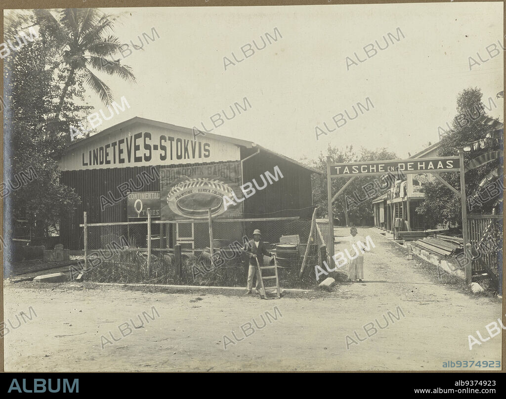 Local businesses, Two local businesses of Europeans named Lindeteves-Stokvis (car tires) and Tasche and De Haas, probably in Medan. Photo in the photo album of the Dutch architectural and contracting firm Bennink and Riphagen in Medan in the years ca. 1914-1919., anonymous, Medan, 1914 - 1919, photographic support, gelatin silver print, height 145 mm × width 200 mm.
