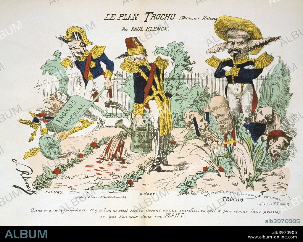 'Le Plan Trochu', 1870-1871. After the disastrous defeat of the French at Sedan and the capture of Napoleon III, the Prussians surrounded Paris on 9 September 1870. The defence of the city was commanded by General Jules Trochu, who became President of the French Government of National Defence after a revolution on 4 September 1870. Trochu's plan for resisting the siege was based on a passive defence of the city, which was unpopular with much of the populace who wanted to see a more aggressive strategy involving breaking through the encircling Prussian forces. Paris held out despite famine and great hardship until 28 January 1871, by which time capitulation had become inevitable. Cartoon from Actualites. From a private collection.
