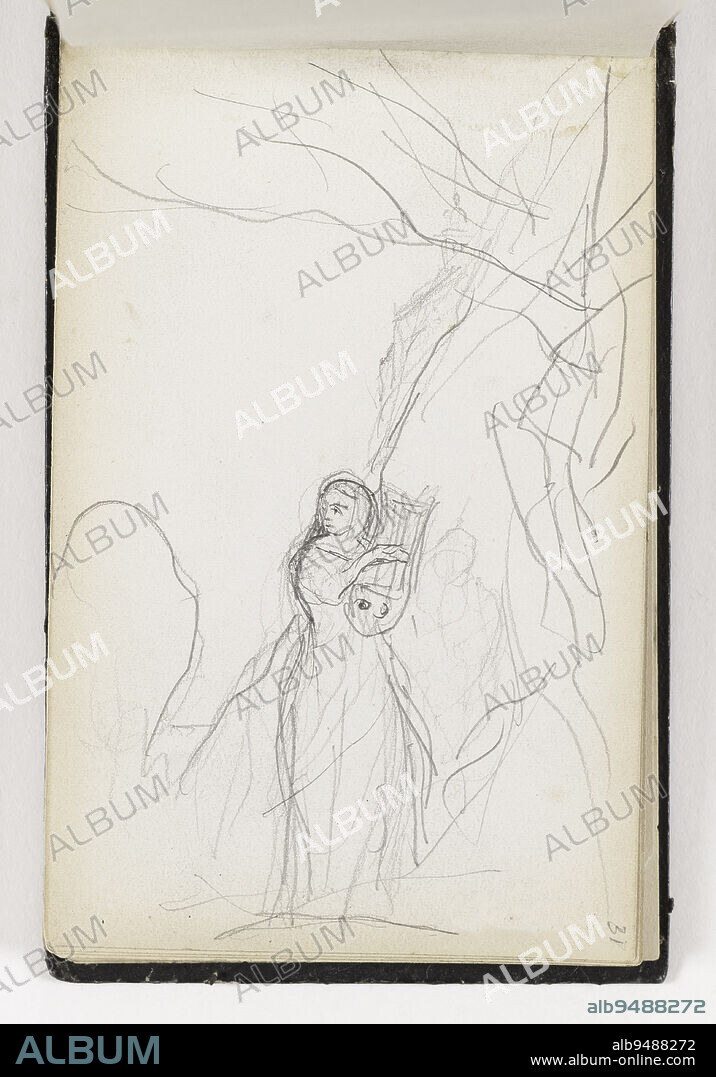 Page 31 of the sketchbook: woman playing the lyre in a landscape, Corot, Camille, Draughtsman, Circa 1850, 3rd quarter of the 19th century, Drawing, Dimensions - Work: Height: 9.4 cm, Width: 15 cm.