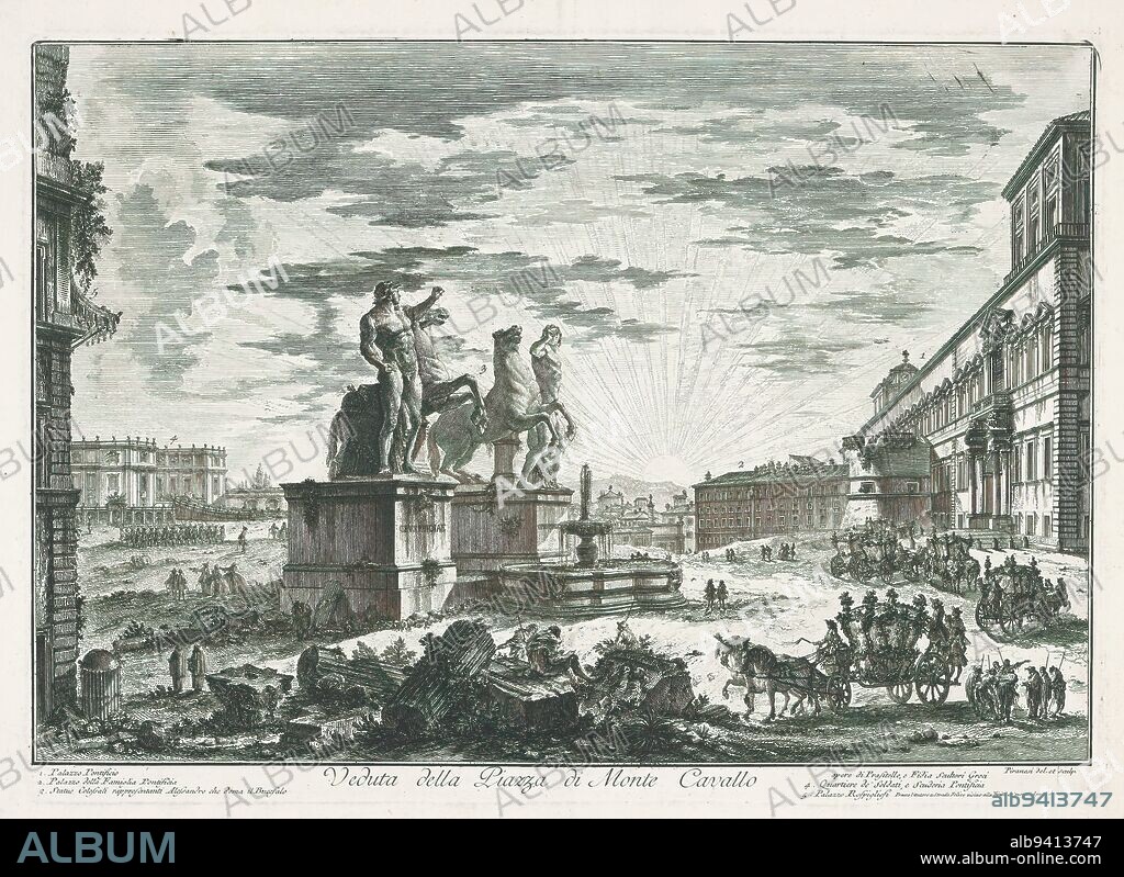 Piazza del Quirinale in Rome (title on object), Veduta della Piazza di Monte Cavallo (title on object), Views of Rome (series title), Vedute di Roma disegnate ed incise da Giambattista Piranesi architetto Ve(nez)iano (series title), View of the Piazza del Quirinale on Quirinal Hill in Rome with the Palazzo del Quirinale and the Fontana di Monte Cavallo (fountain with Castor and Pollux). Title and explanatory list of numbers in lower margin., print maker: Giovanni Battista Piranesi, (mentioned on object), after own design by: Giovanni Battista Piranesi, (mentioned on object), Rome, 1748 - 1778, paper, etching, height 394 mm × width 548 mm.