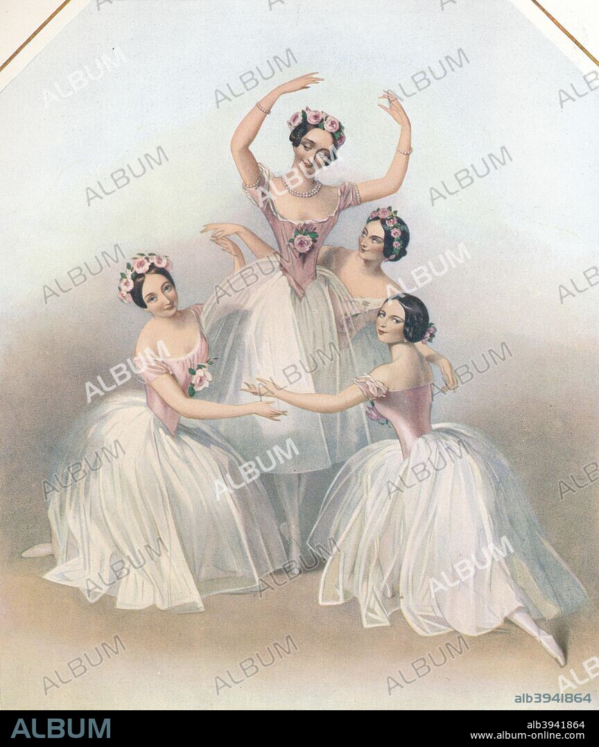 'The Celebrated Pas De Quatre: composed by Jules Perrot', c1850. As danced at Her Majesty's Theatre, July 12th, 1845, by the  four eminent Danseuses, Carlotta Grisi, Marie Taglioni, Lucille Grahn, and Fanny Cerito. Alfred Edward Chalon (1780-1860). From The Connoisseur Vol. XX. [Otto Limited, London, 1908].