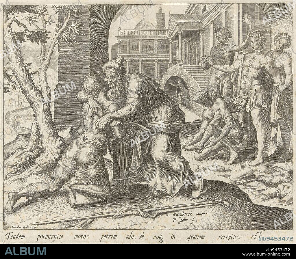 The prodigal son returns home and is welcomed by his father with open arms. His brothers help him into clean clothes. The old swineherd's clothes lie on the ground to the right. The Return of the Prodigal Son Parable of the Prodigal Son , print maker: Philips Galle, (mentioned on object), Maarten van Heemskerck, (mentioned on object), publisher: Theodoor Galle, (mentioned on object), print maker: Haarlem, publisher: Antwerp, c. 1596 - c. 1633, paper, engraving, h 207 mm × w 250 mm.