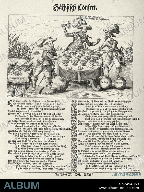 Dreißigjähriger Krieg 1618-1648:. Schlacht bei Breitenfeld, 7. September. 1631 (Sieg des vereinigten schwedisch-sächsischen Heeres unter Gustav Adolf über das kaiserliche Heer unter Tilly). Karikatur: Flugblatt auf Tilly's Niederlage in der Schlacht bei Breitenfeld, 1631; ohne Orts- und Jahresangabe.