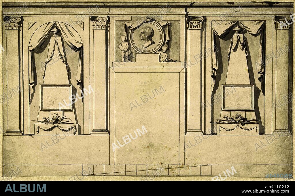 Design for room decoration with two panels with obelisks and portrait medallion above door. Draughtsman: Abraham Meertens. Dating: 1767 - 1823. Measurements: h 218 mm × w 360 mm.