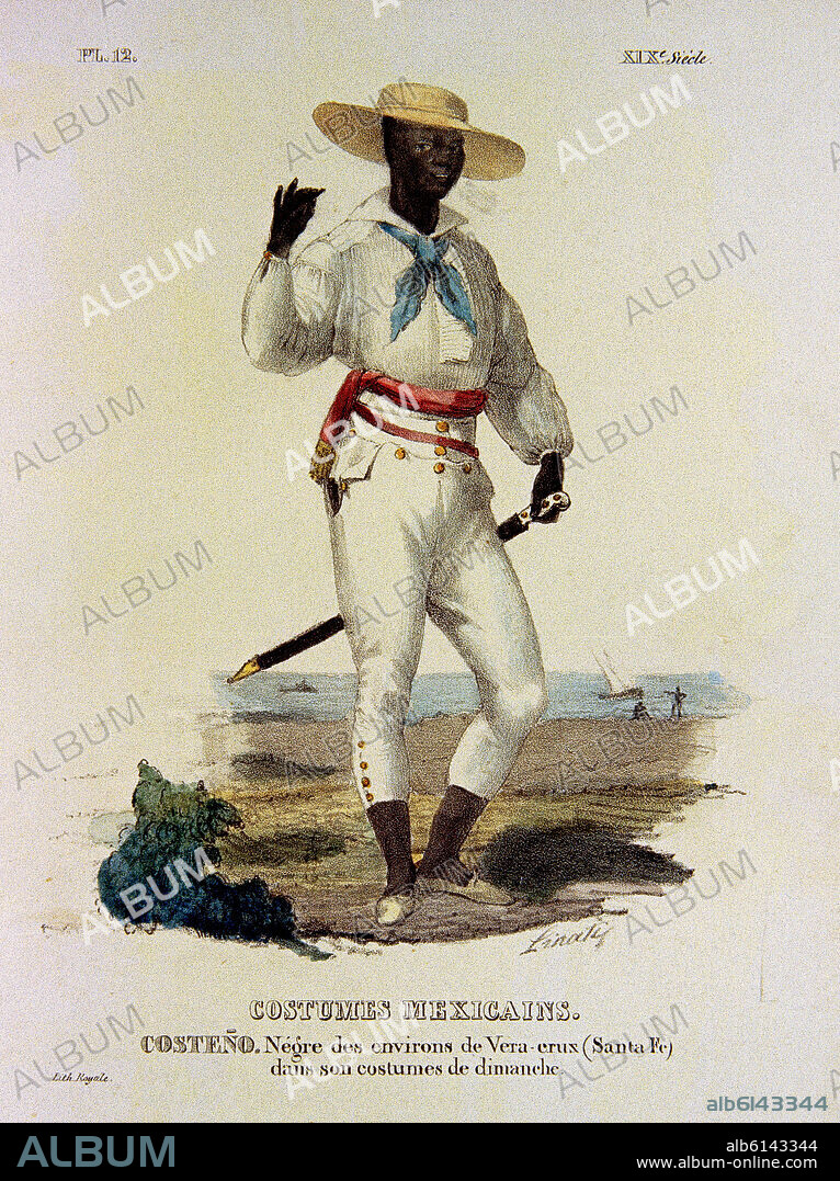 CLAUDIO LINATI. TRAJES CIVILES, MILITARES Y RELIGIOSOS DE MEXICO - 1828 - COSTEÑO - NEGRO DE VERACRUZ (SANTA FE) EN TRAJE DE DOMINGO - LITOGRAFIA SIGLO XIX.