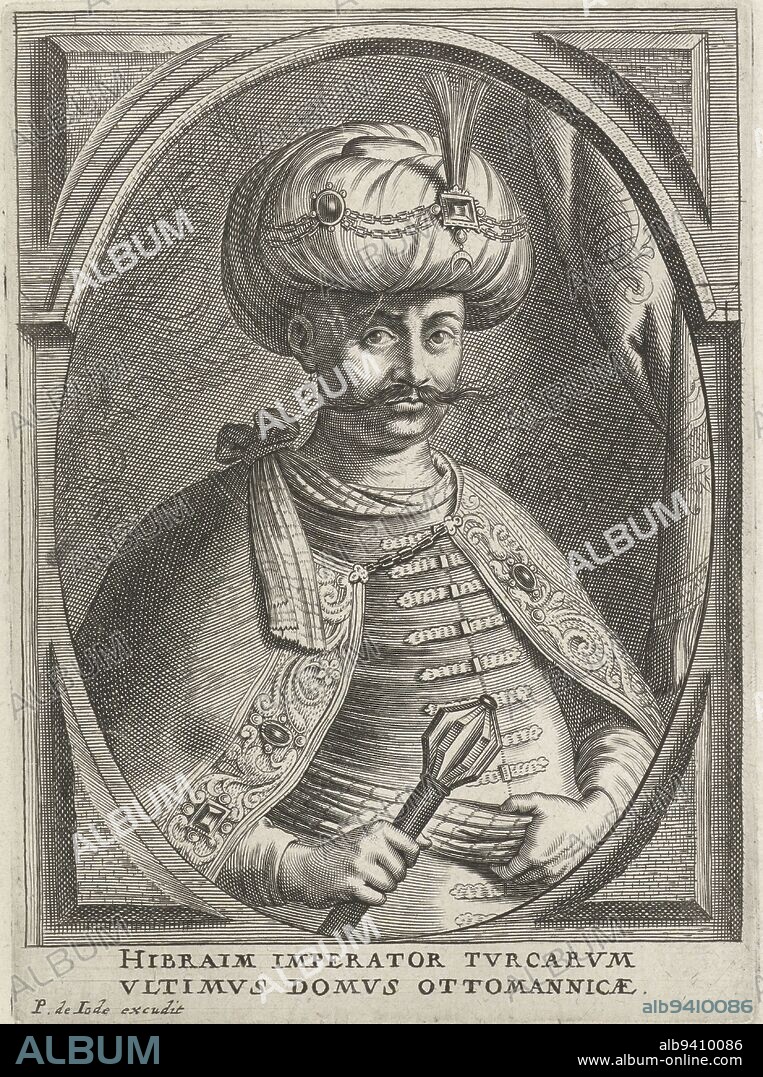 Portrait of Ibrahim, Sultan of Turkey, in the half-calf. He wears a turban and holds a staff in his right hand. The portrait is framed in an oval frame with square border work. In the margin, a two-line caption in Latin: Portrait of Ibrahim, Sultan of Turkey Theatre of Bishops, Emperors, Kings, Dukes, Princes, etc. Theatrum pontificum, imperatorum, regum, ducum, principum, etc. , publisher: Pieter de Jode (II), (mentioned on object), print maker: anonymous, Antwerp, 1628 - 1670, paper, engraving, h 161 mm × w 117 mm.