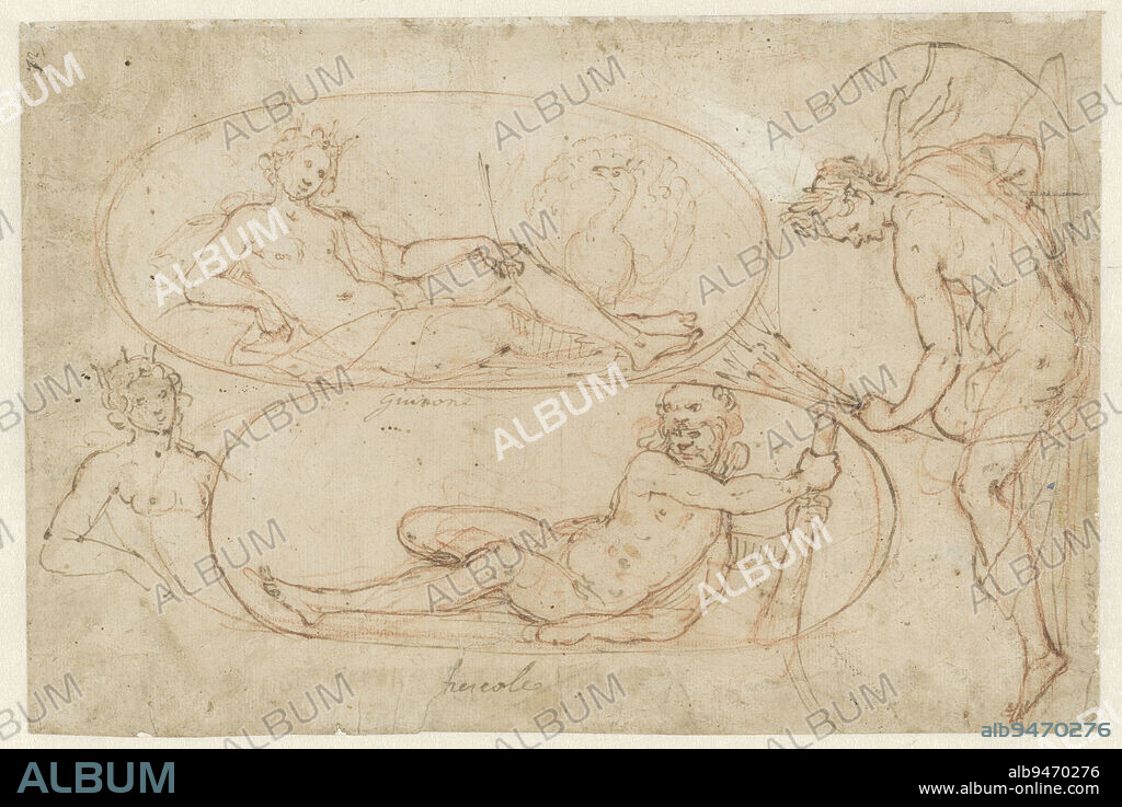 Ellipse with reclining Juno, Hercules and Ceres, Design for a ceiling painting, draughtsman: Giovanni Battista Castello, (attributed to), Florence, (possibly), c. 1575 - c. 1600, paper, pen, h 190 mm × w 281 mm.