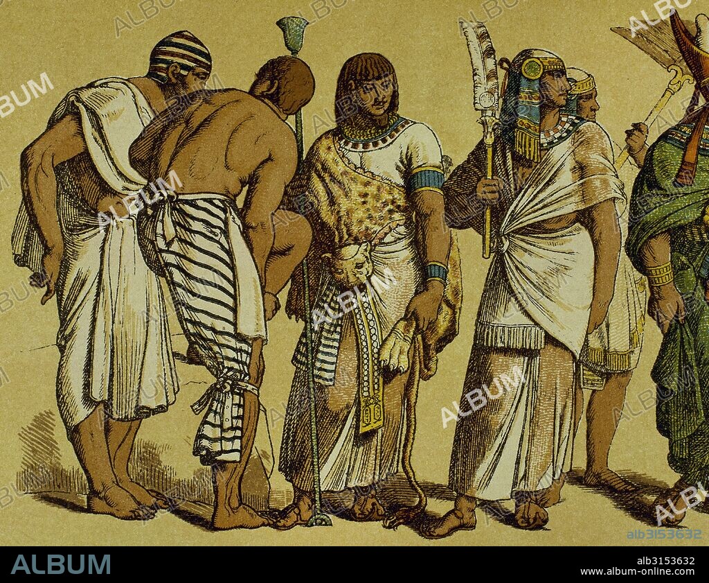 HISTORIA DEL ANTIGUO EGIPTO. SACERDOTE EGIPCIO del Imperio Nuevo, con piel de león, rodeado por hombres del pueblo.