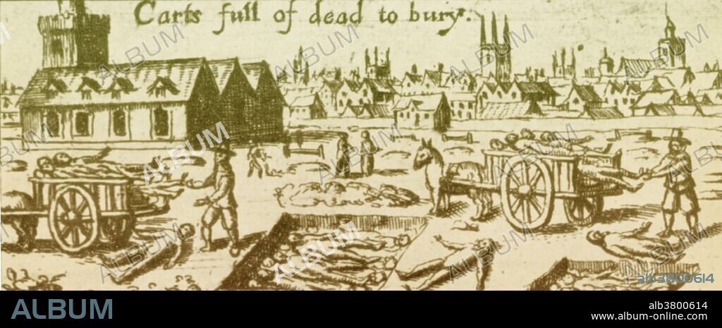 A portion of a broadsheet illustrates the mass burials that took place during the Great Plague of 1665. The Great Plague (1665-66) was the last major epidemic of the bubonic plague to occur in the Kingdom of England (part of modern day United Kingdom). Plague doctors traversed the streets diagnosing victims, although many of them had no formal medical training. Several public health efforts were attempted. Physicians were hired by city officials and burial details were carefully organized, but panic spread through the city and, out of the fear of contagion, people were hastily buried in overcrowded pits. The means of transmission of the disease were not known but thinking they might be linked to the animals, the City Corporation ordered a cull of dogs and cats. Thinking bad air was involved in transmission, the authorities ordered giant bonfires to be burned in the streets and house fires to be kept burning night and day, in hopes that the air would be cleansed. The Great Plague killed an estimated 100,000 people.
