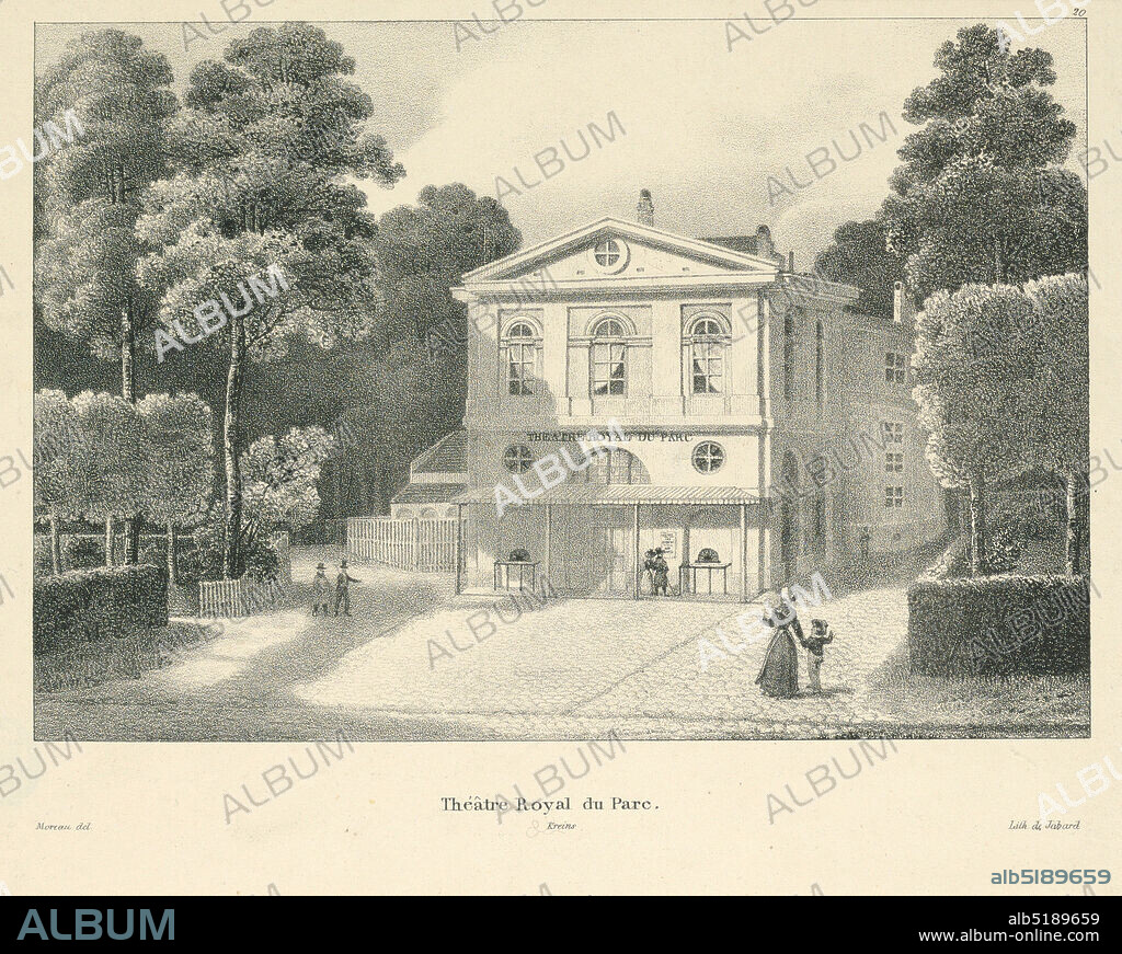 The Royal Park Theater, Brussels, Moreau, Paper, Horizontal rectangle. Oblique view of a theater situated in a park. People are shown. Caption: 'Moreau del theatre Royal du Parc / Krems. lith. de Jabard.' Above the right corner: '20.', Europe and USA, Belgium, 18201840, Print, Print.