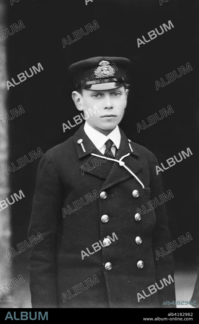 Prince Albert in front of The Queen's Entrance to Barton Manor, Isle of Wight, 1909. Prince Albert (1895-1952), the future King George VI, in cadet's uniform. He attended the Royal Naval College, Osborne, as a naval cadet for two years.