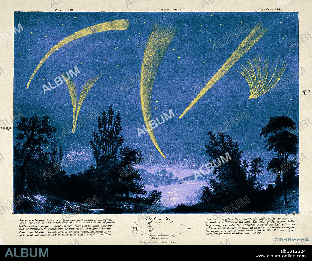 Colour enhanced engraving of various comets with dust tails from the 1600s to the 1800s, including Comet of 1680, Donatus Comet of 1858, Halley's Comet of 1835, Comet of 1741, and Comet of 1811.