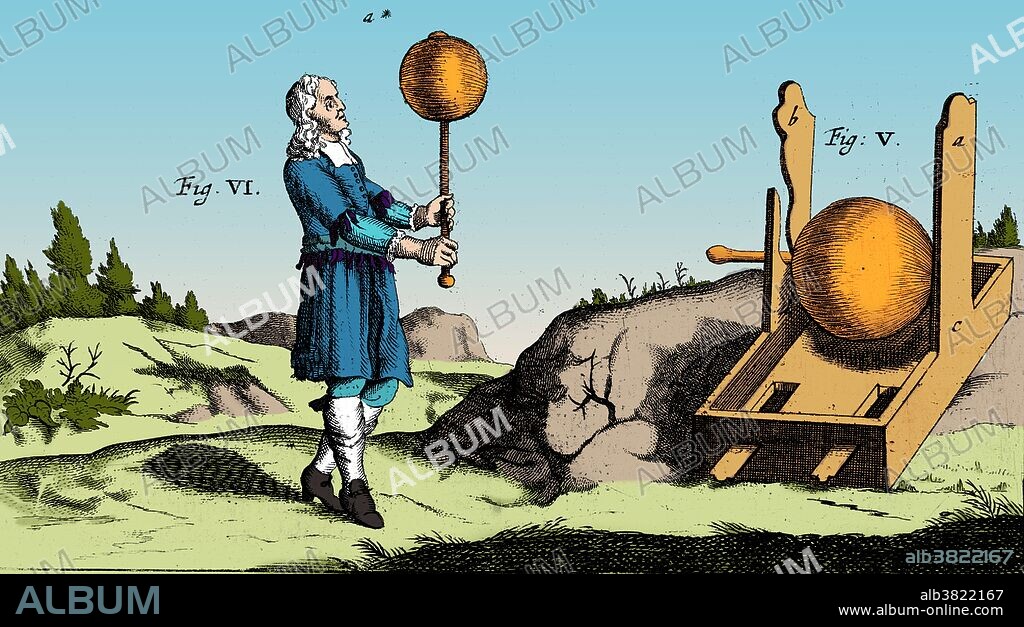 Engraving of the first static electricity generator, designed by German scientist Otto von Guericke (1602-1686). Guericke was a German scientist, inventor, and politician. His major scientific achievements were the establishment of the physics of vacuums, the discovery of an experimental method for clearly demonstrating electrostatic repulsion, and his advocacy of the reality of action at a distance and of absolute space. In 1660-63 Guericke constructed a large ball of sulphur which could be turned on a spindle. As he rubbed his hand on it he noticed that the friction caused it to become strongly charged with static electricity. This image has been color enhanced.