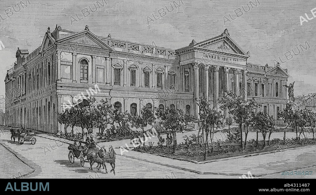 Chile. Santiago (Santiago de Chile). Edificio del Ex Congreso Nacional. Fue la sede de las dos cámaras del Congreso Nacional desde 1876 hasta 1973. Los planos del edificio fueron realizados por el arquitecto francés Claude-François Brunet Debaines (1799-1855), iniciándose las obras en 1857 a cargo de Lucien Hénault (1823-1908). En 1860 se paralizó su construcción por falta de recursos. En 1870 se reanudó su construcción, a cargo del ingeniero chileno Manuel Aldunate (1815-1904). Finalmente el edificio fue terminado por el arquitecto italiano Eusebio Chelli (1820-1890). Fue inaugurado el 1 de junio de 1876. Grabado. La Ilustración Española y Americana, 1883.