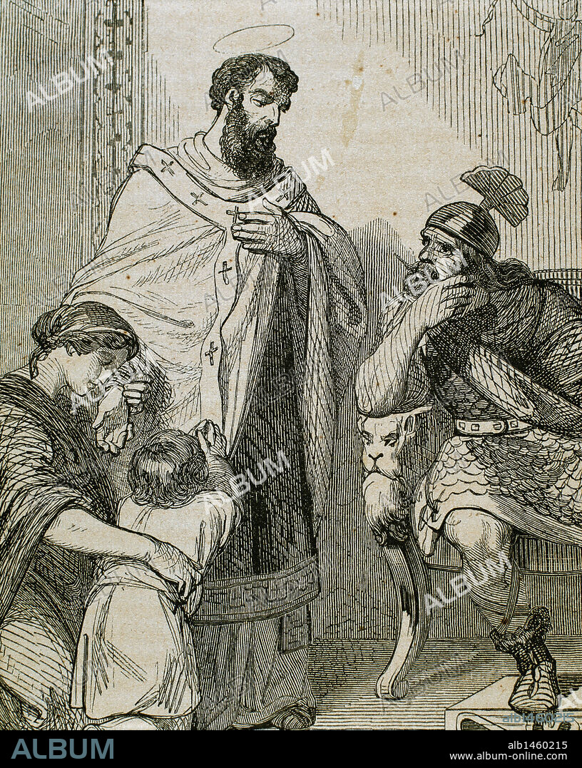 SAN PAULINO DE NOLA (355-431). Obispo de Nola (provincia de Nápoles) y poeta. S. IV-V (S. IV-S. V). Grabado.