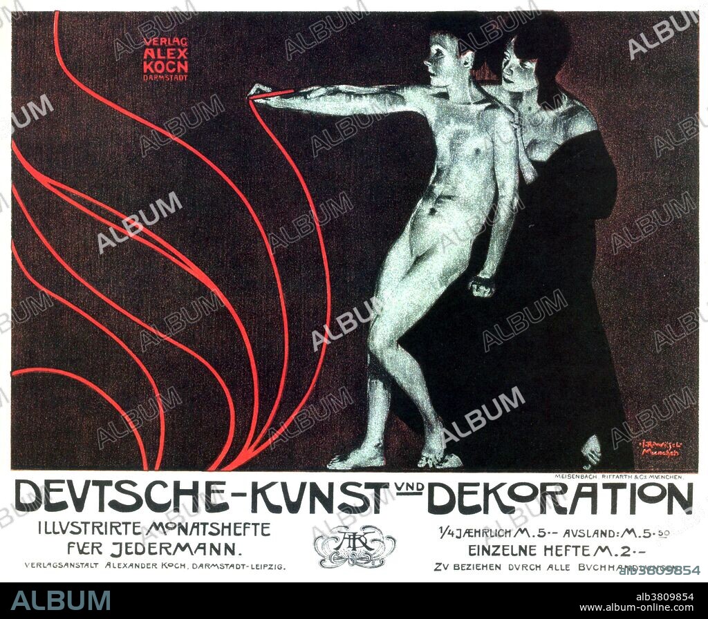 Deutsche-Kunst und Dekoration executed by Josef Rudolf Witzel in early1898 as part of a competition for a monthly magazine printed at Darmstadt by Alexander Koch. Josef Rudolf Witzel (September 27, 1867 - 1924/25) was a German artist, painter, illustrator and decorator, one of the pioneering posters of art nouveau in his country. He worked for publishers of postcards, sometimes erotic. Besides art, hotel, restaurant and show orders, Witzel also dealt with industry customers, such as the Audi car manufacturer (1912). After WWI, he continued to produce posters, especially for the cinema.