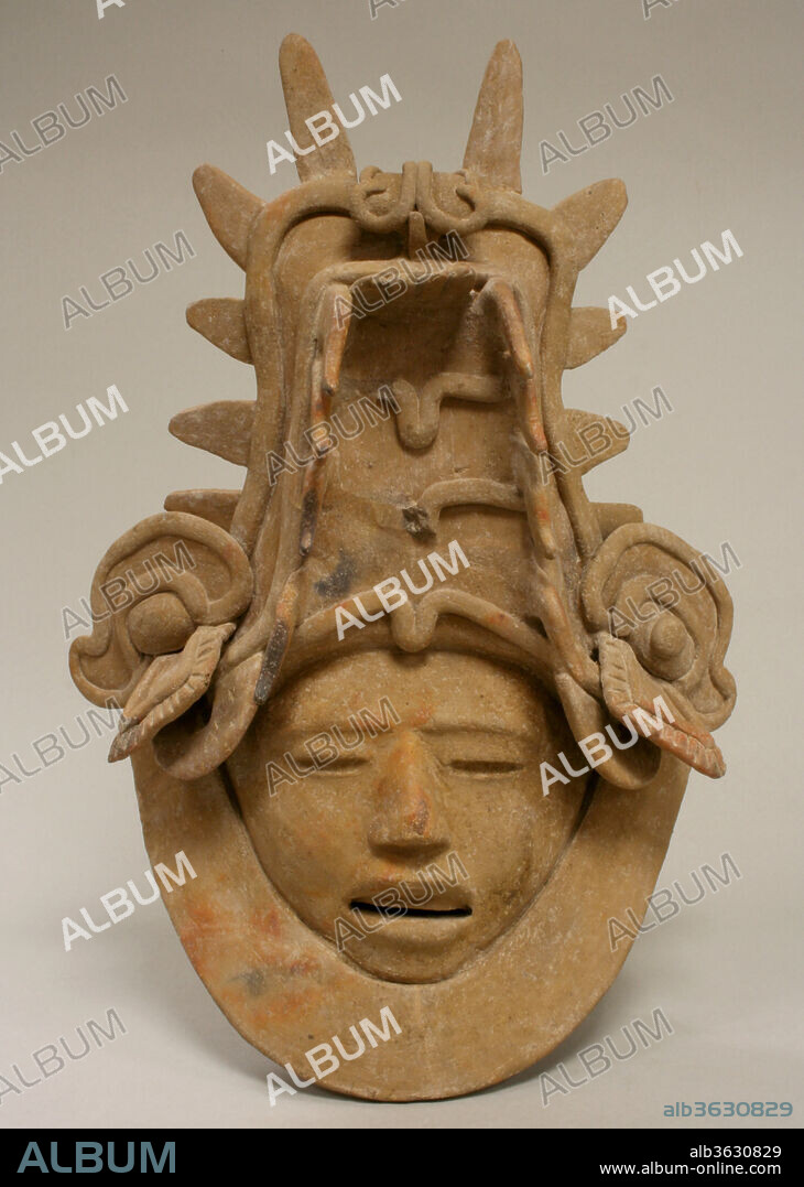 Ceramic Head with Elaborate Headdress. Culture: Remojadas. Dimensions: H. 14 5/8 x W. 10 5/16 x D. 4 3/4 in. (37.2 x 26.2 x 12 cm). Date: 6th-9th century.