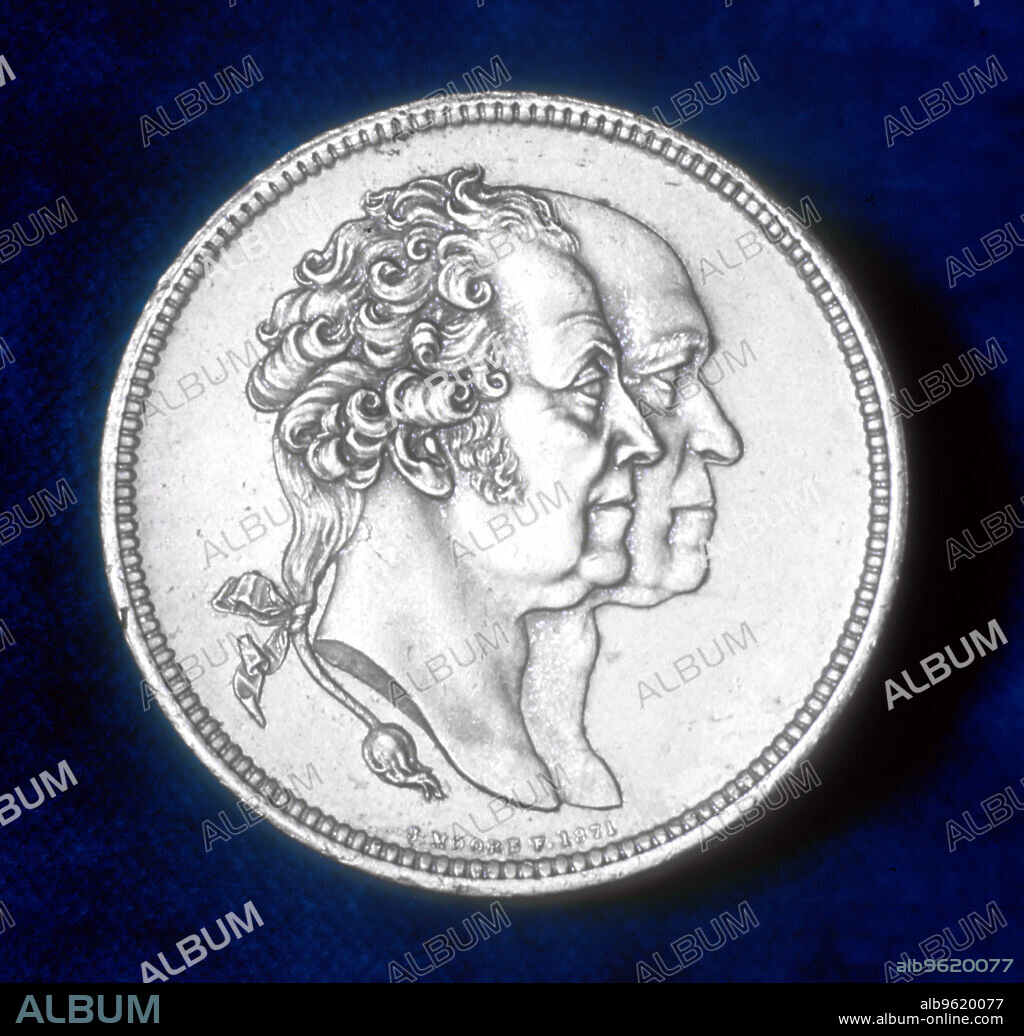 J MOORE. Matthew Boulton and James Watt, British engineers and industrialists, 1871. English works owner Matthew Boulton (1728-1809) (front) and Scottish engineer and inventor Watt (1736-1819) formed a partnership in 1773 to produce steam engines. Boulton's factory at Soho, near Birmingham, produced the first of the revolutionary steam engines designed by Watt. By the early 19th century over 500 Boulton and Watt engines were being used in Britain's mines and factories. From a medal celebrating their partnership.