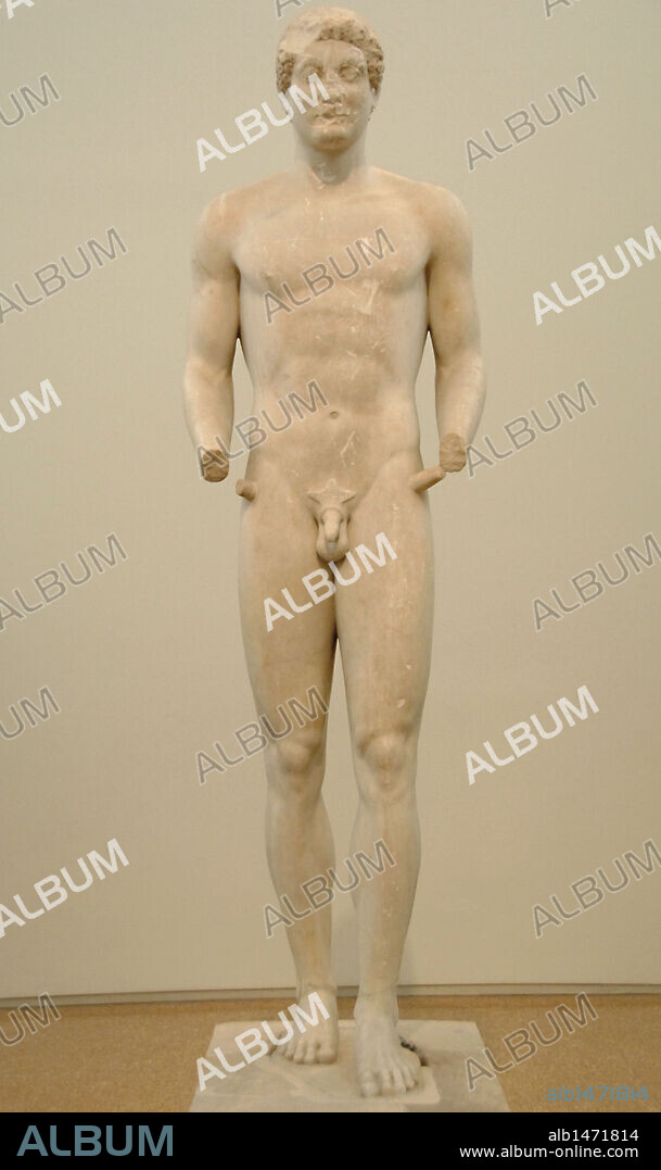 GREEK ART. Kouros. Funerary statue. Parian marble. Crowned the tomb of Aristodikos. Found in the area Mesogeia (Attica). Dated 510-500 B.C.. National Archaeological Museum. Athens.