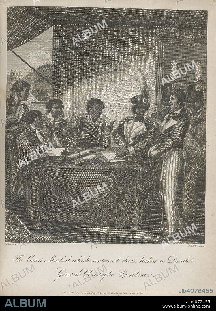 MARCUS RAINSFORD, CAPTAIN MARCUS RAINSFORD and J BARLOW. The court martial. An historical account of the Black Empire of Hayti. London, 1805. The court martial which sentenced the author to death: General Henri Christophe, President. Also known as Henri I (1767-1820). Haitian ruler.  Image taken from An historical account of the Black Empire of Hayti; comprehending a view of the principal transactions in the revolution of Saint Domingo, etc.  Originally published/produced in London, 1805. . Source: 797.dd.10, opposite 232. Language: English.