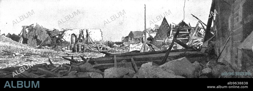 ''Le Massacre des Choses; Les ruines de Biaches: au centre, derriere le poteau de telegraphe, ampute, une petite chapelle dont l'ennemi avait fait un reduit puissamment fortifie', 1916. From "L'Album de la Guerre 1914-1919, Volume I" [L'Illustration, Paris, 1924].