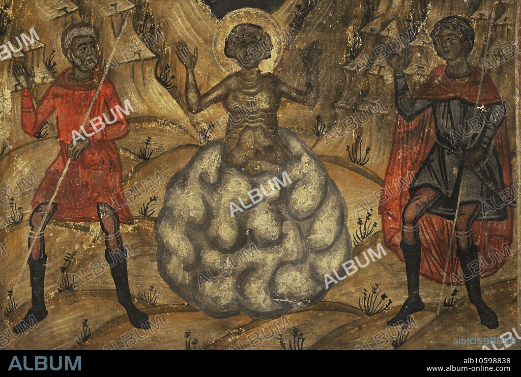 Martirios de San Jorge. El santo arrojado a un horno de cal viva. Detalle de un icono del siglo XVII. Procede de la Iglesia de San Jorge de Golemi, en Mesembria (Nesebar), provincia de Burgas, Bulgaria. Museo Arqueológico Nacional. Sofía. Bulgaria.