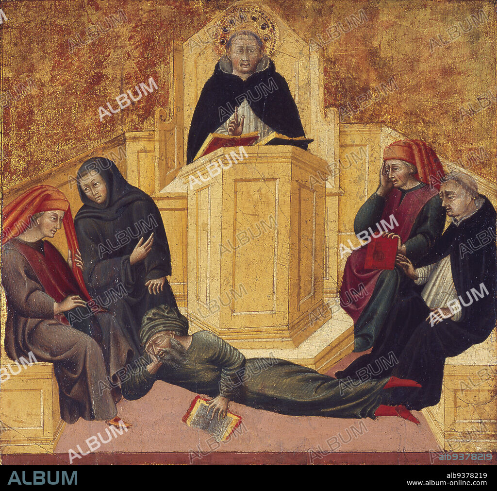 St. Thomas Aquinas Confounding Averroës, Giovanni di Paolo, Italian, c.13991482, 144550, Tempera and gold leaf on panel, Made in Italy, Europe, Paintings, 9 3/4 x 10 5/16 in. (24.7 x 26.2 cm).