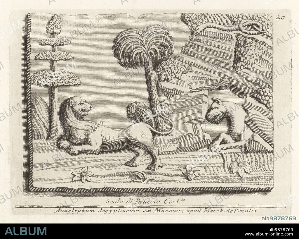 A panther emerging from a Libyan cave to attack a lion. Egyptian bas relief in marble. Anaglyphum Aegyptiacum ex Marmore apud March. de Venutis. Scala di Braccio Cortonse. Copperplate engraving from Francesco Valesio, Antonio Gori and Ridolfino Venutis Academia Etrusca, Museum Cortonense in quo Vetera Monumenta, (Etruscan Academy or Museum of Cortona), Faustus Amideus, Rome, 1750.