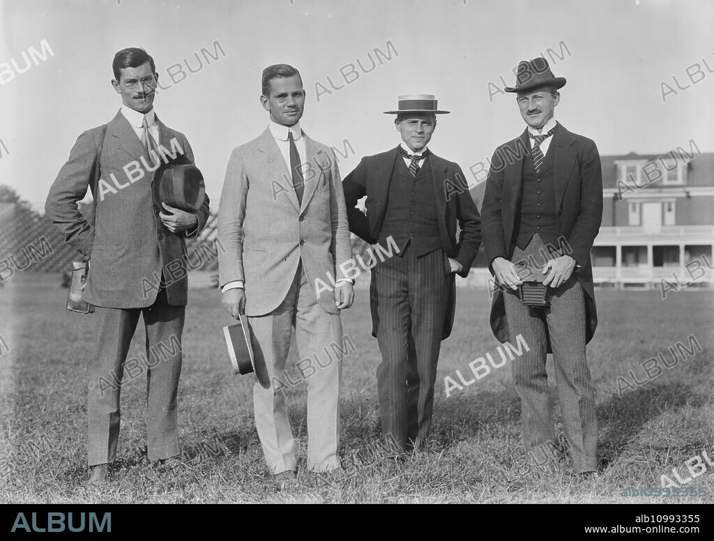 BAIN NEWS SERVICE. Germans at Princeton -- Weitzer - Lt. Reichenau - Dr. Bemer [i.e., Berner] - Carl Diem, between c1910 and c1915.  Shows Germans who visited the United States in 1913 in preparation for the planned 1916 Berlin Olympics, which were cancelled due to World War One. Included are: (left to right) Josef Waitzer (1884-1966), a German track and field athlete and trainer; military officer Walter von Reichenau (1884-1942); sports writer Dr. Martin Berner; and sports administrator Carl Diem (1882-1962). Diem later became chief organizer of the 1936 Olympic Summer Games.