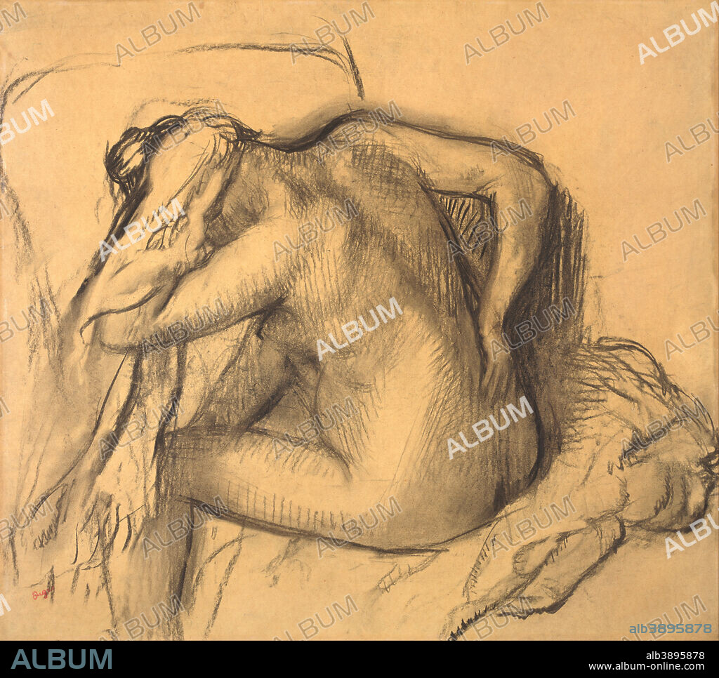 EDGAR DEGAS. After the Bath, Woman Drying Her Hair. Date/Period: Ca. 1895. Drawing. Charcoal on yellow tracing paper. Height: 62 mm (2.44 in); Width: 69.30 mm (2.72 in).