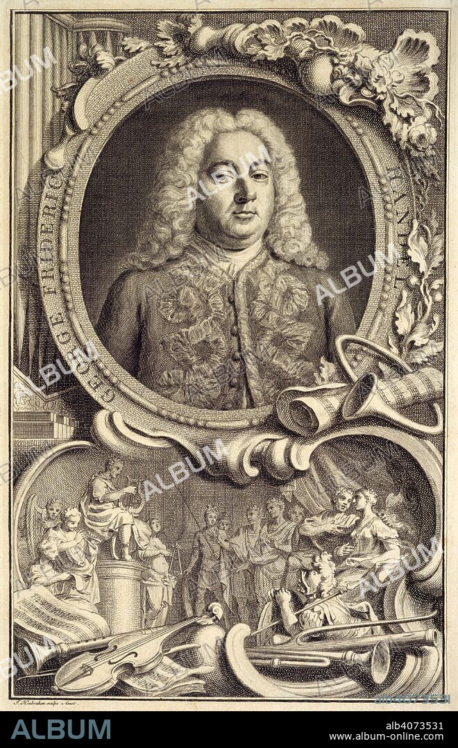 GEORG FRIEDRICH HAENDEL et JACOB HOUBRAKEN. G.F. Handel. Israel in Egypt. Randall; London, 1771. G.F. Handel (1685-1759). Portrait, inscribed with title. (Gouache on mica).  Image taken from Israel in Egypt.  Originally published/produced in Randall; London, 1771. . Source: R.M.7.f.10, frontispiece. Language: English.