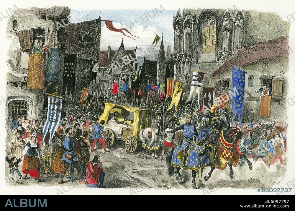 Philipp II. August, König von Frankreich (1180-1223); 1165-1223. "Entrée de Philippe-Auguste à Paris après la victoire de Bouvines" (Einzug in Paris mit dem gefangenen Grafen Ferdinand von Flandern nach der Schlacht von Bouvines 27. Juli 1214). / Holzstich, unbez., spät. Kolorierung. Histoire populaire de la France, Paris (Charles Lahure) 1866.