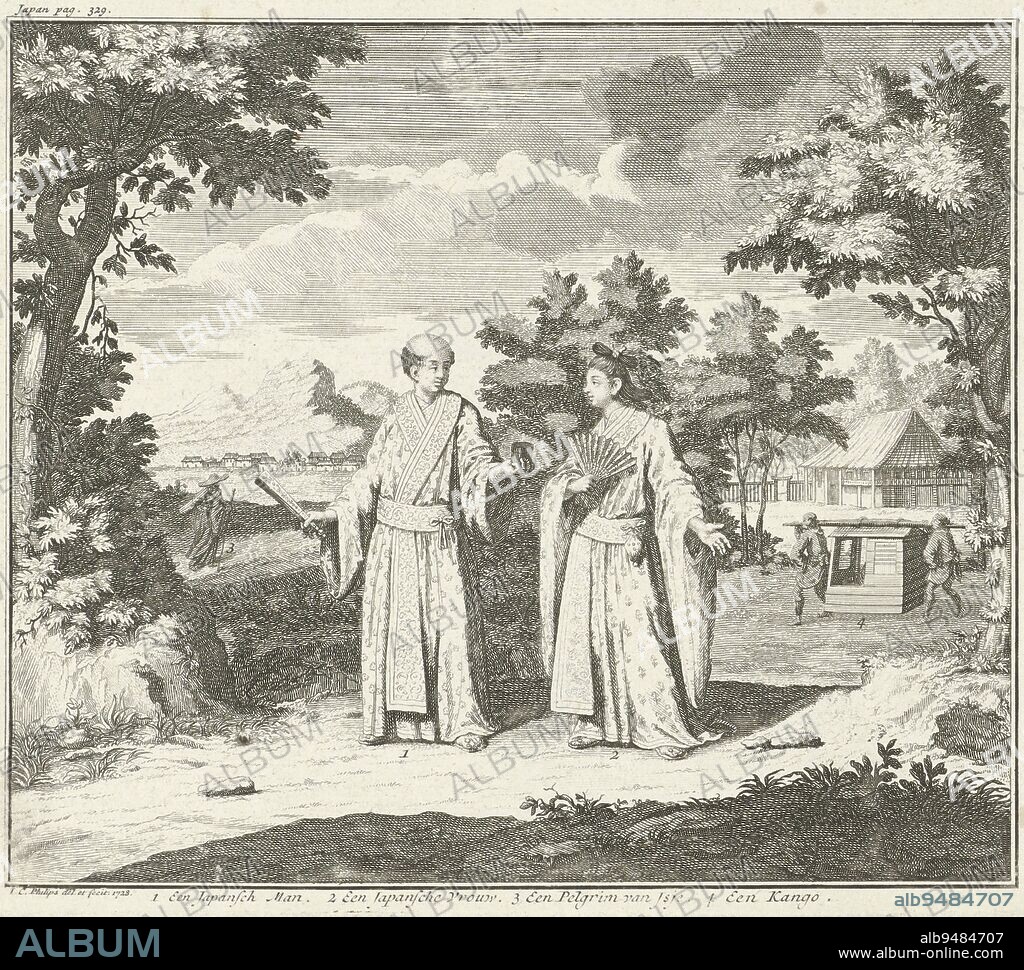 Landscape with a Japanese couple, Jan Caspar Philips, 1728, Landscape with a Japanese couple on a country road. In the background a pilgrim and two men with palanquins. In the margin a legend., print maker: Jan Caspar Philips, (mentioned on object), Jan Caspar Philips, (mentioned on object), Amsterdam, 1728, paper, etching, h 191 mm × w 203 mm.