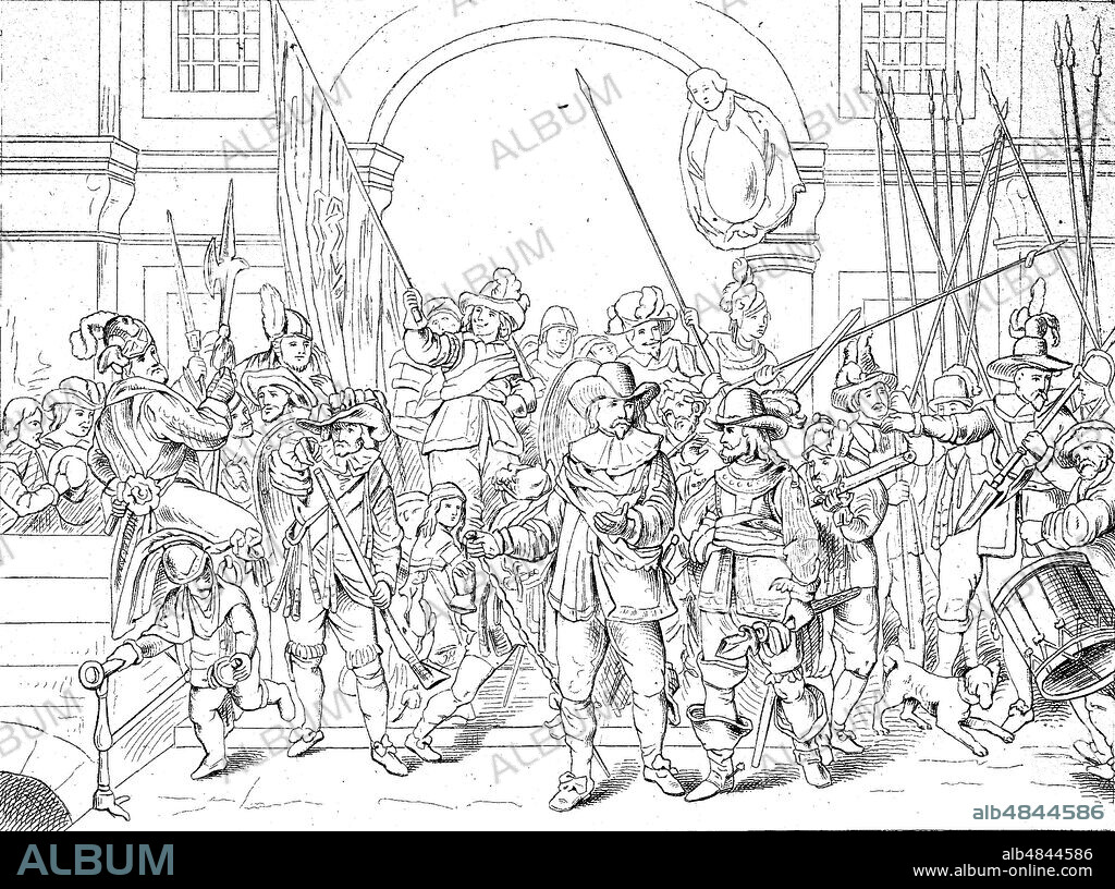 Militia Company of District II under the Command of Captain Frans Banninck Cocq, also known as The Shooting Company of Frans Banning Cocq and Willem van Ruytenburch, but commonly referred to as The Night Watch, is a 1642 painting by Rembrandt van Rijn, digital improved reproduction of an original print from the year 1881.