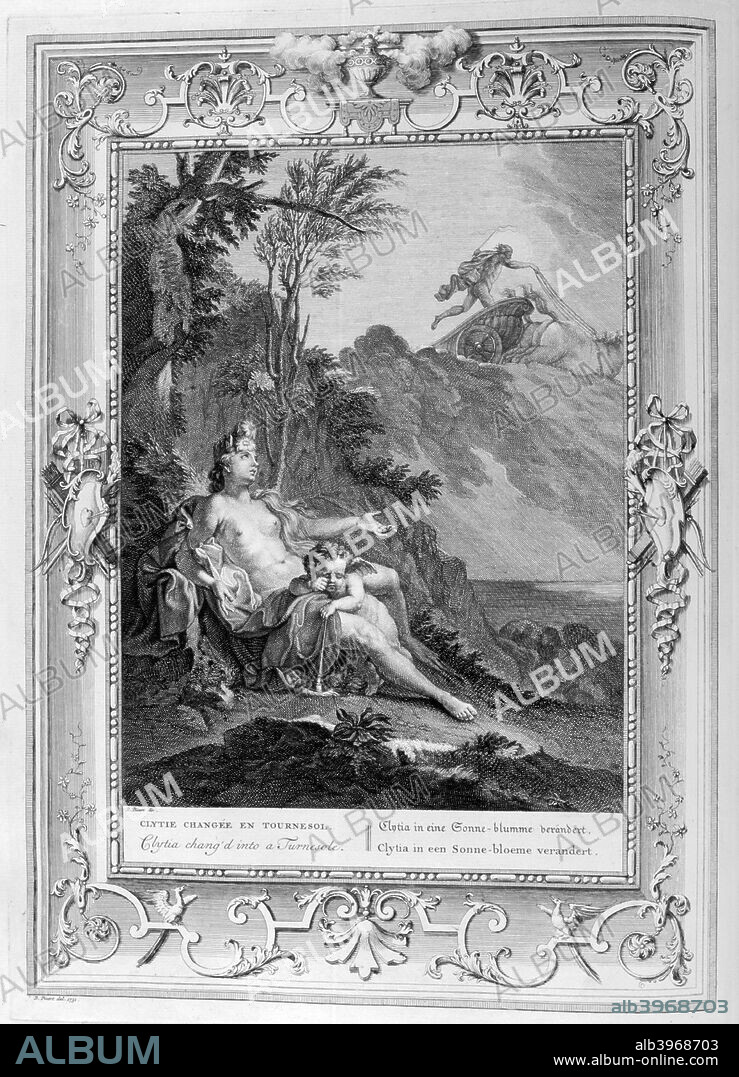 'Clytia Turned into a Turnesole', 1733. A plate from Le temple des Muses, Amsterdam, 1733. Fround in the collection of Jean Claude Carriere.